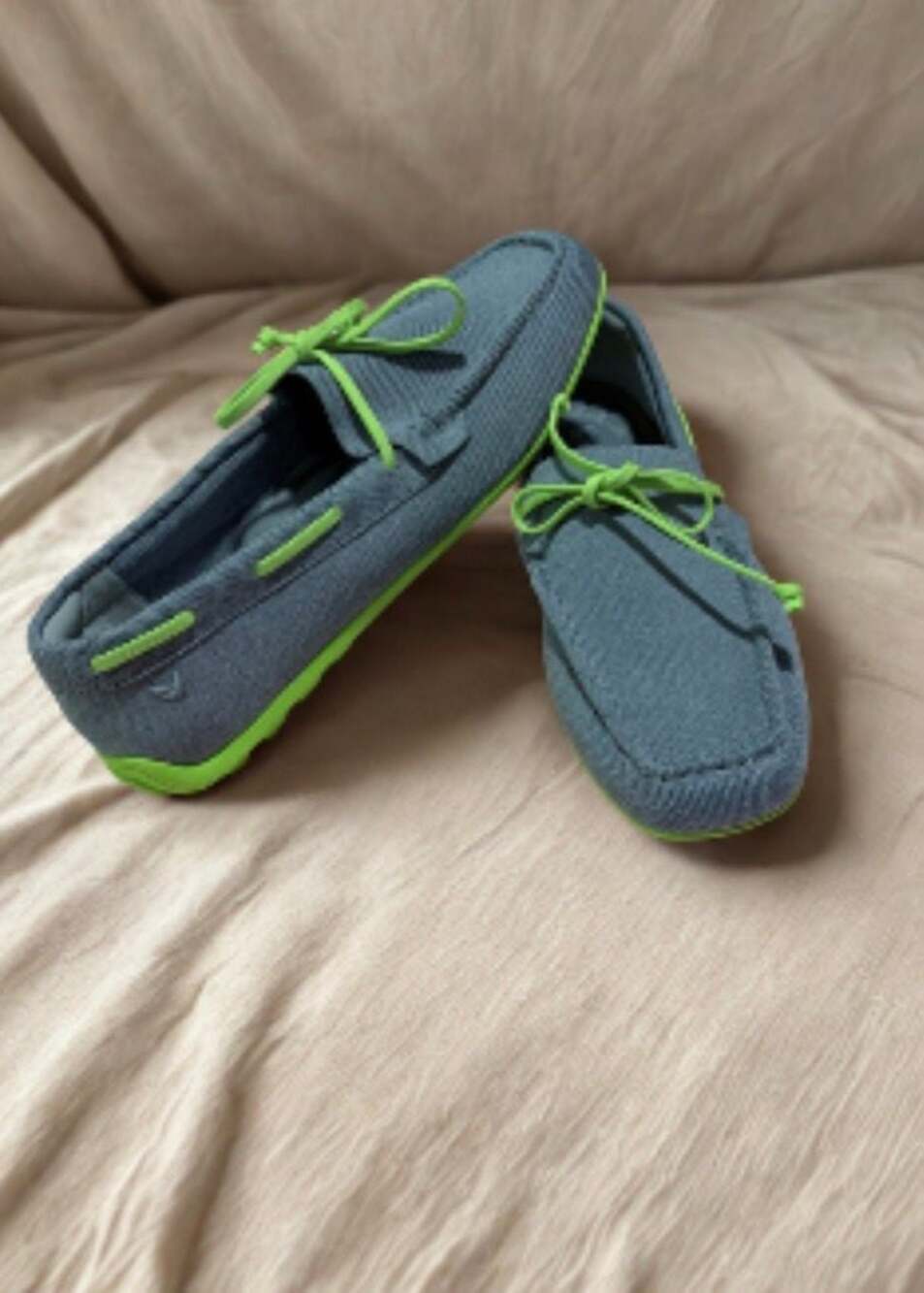 VIVAIA Knit Moccasin Loafers in Gray and Neon Green